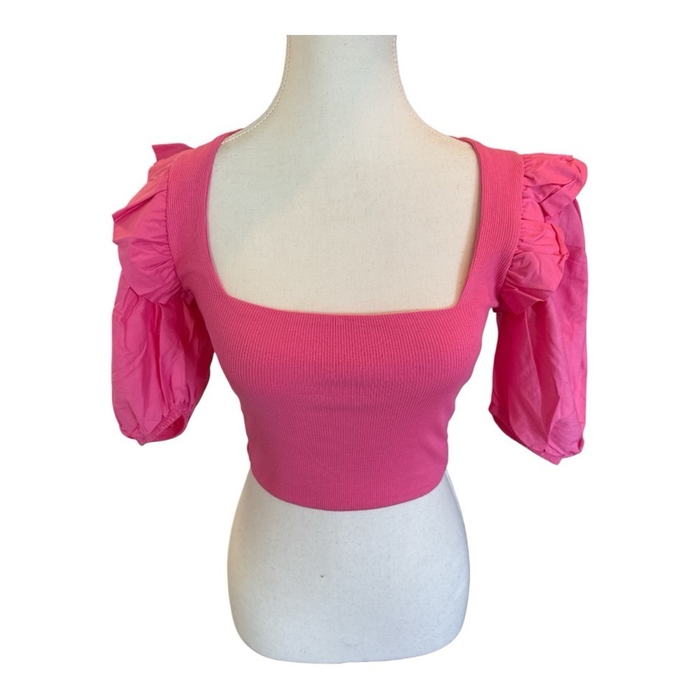 ZARA Pink Puff Balloon Sleeve Ribbed Crop Top Sz S Ruffle Feminine - Picture 4 of 12